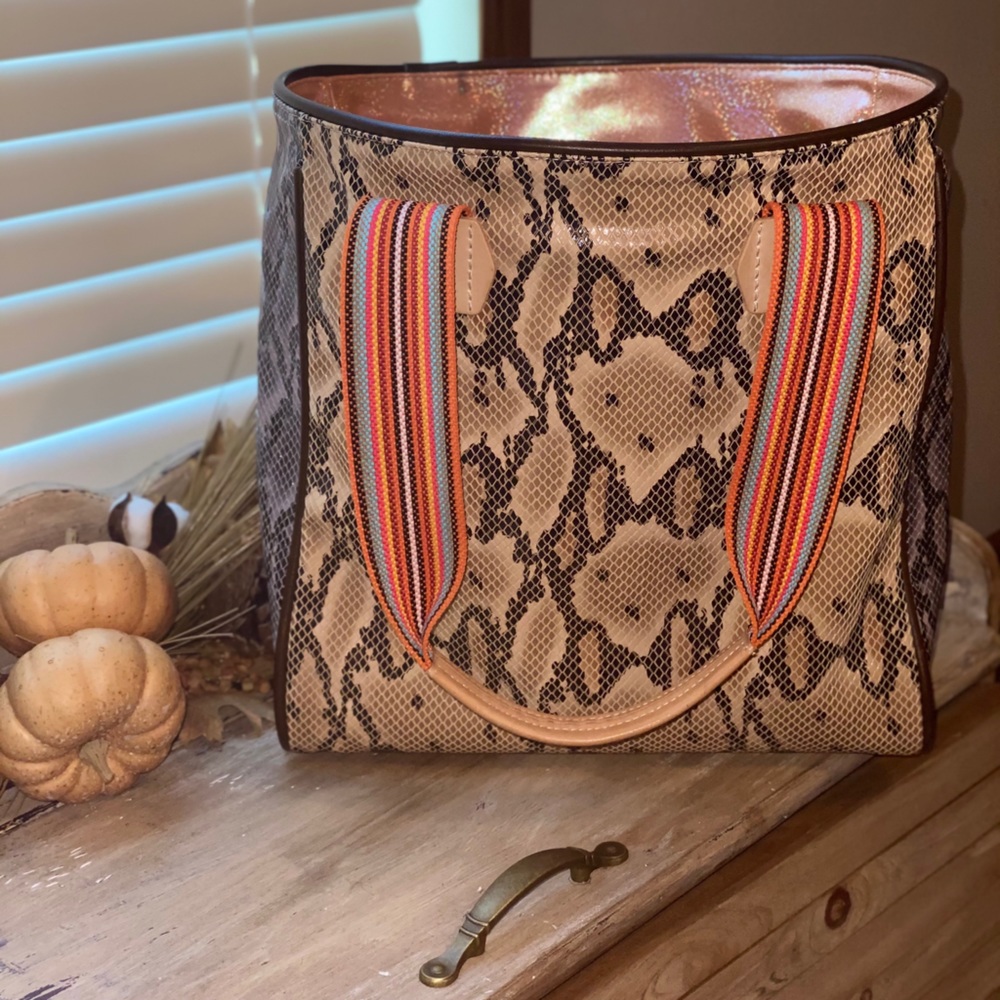 Consuela Snake Print Tote with Multicolor Striped Straps